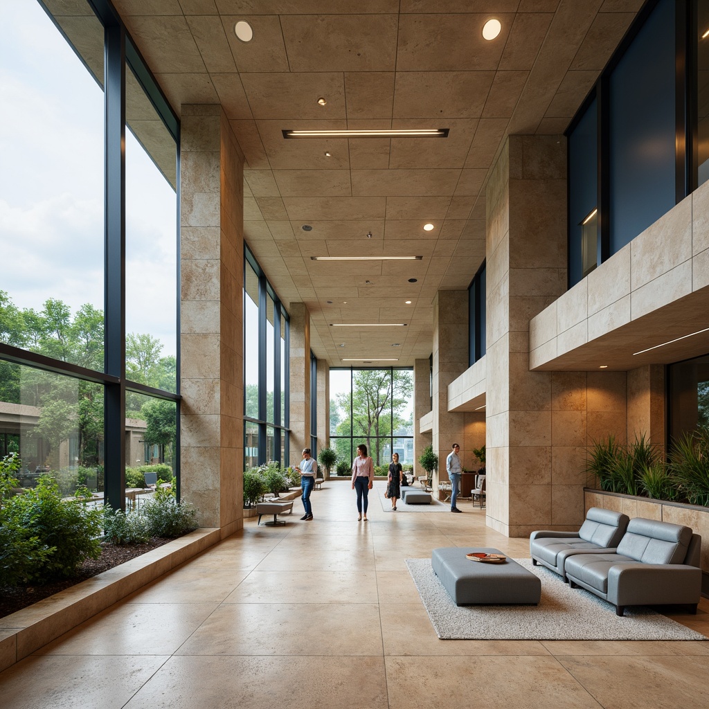 Prompt: Corporate office building, modern minimalist architecture, neutral tone walls, warm beige flooring, calming blue accents, rich wood textures, sleek metal fixtures, natural stone columns, abundant greenery, floor-to-ceiling windows, soft diffused lighting, 1/1 composition, shallow depth of field, realistic reflections, ambient occlusion.