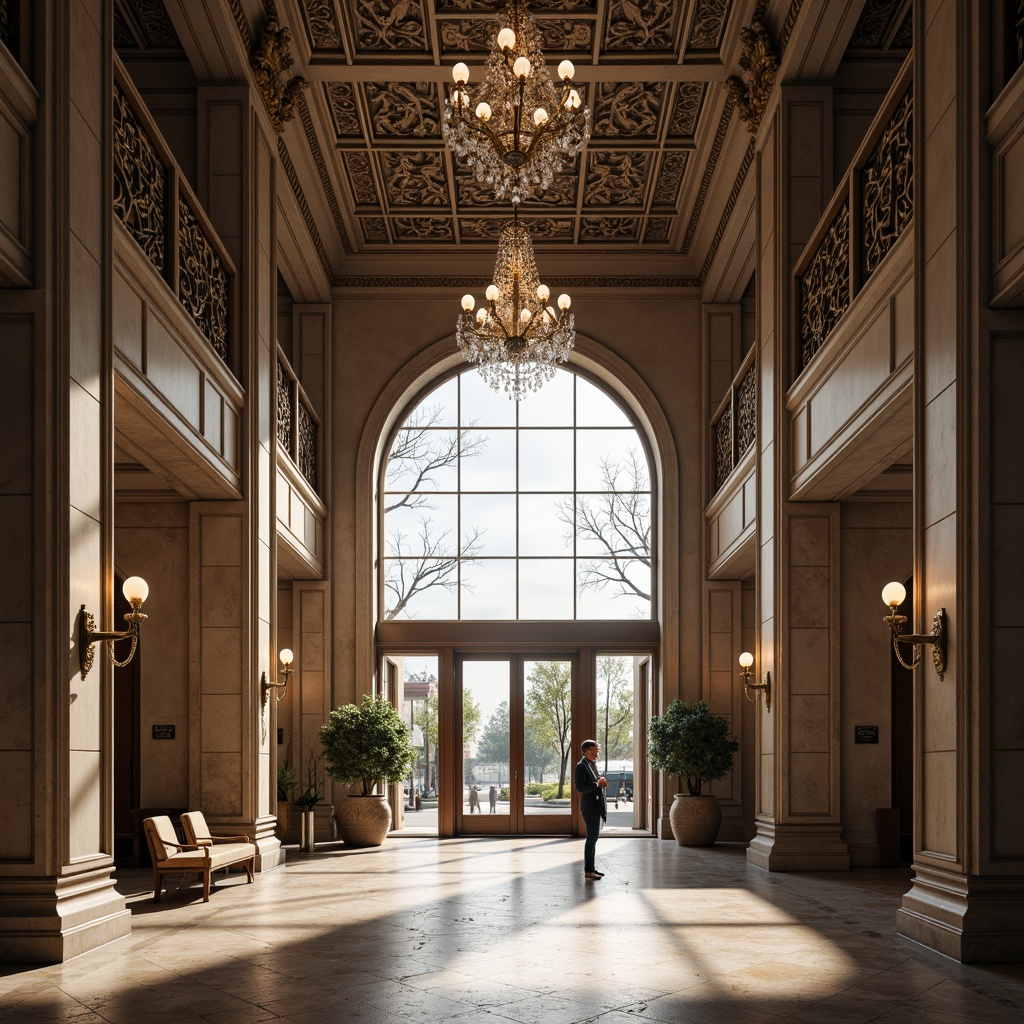 Prompt: Grand entrance, ornate details, imposing columns, symmetrical architecture, elegant archways, sophisticated stone carvings, luxurious materials, polished marble floors, crystal chandeliers, expansive glass doors, dramatic lighting effects, shallow depth of field, 3/4 composition, panoramic view, realistic textures, ambient occlusion.