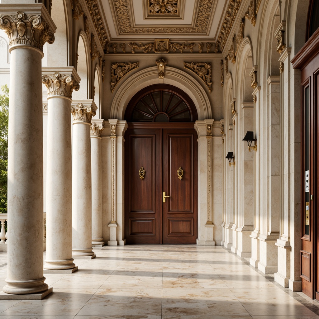 Prompt: Elegant classical columns, ornate carved details, rich marble textures, creamy limestone facades, rusticated stone walls, grandiose entrance archways, polished bronze door handles, intricate moldings, luxurious velvet drapes, ornamental golden accents, warm soft lighting, shallow depth of field, 2/3 composition, symmetrical layout, realistic reflections, ambient occlusion, subtle weathering effects.