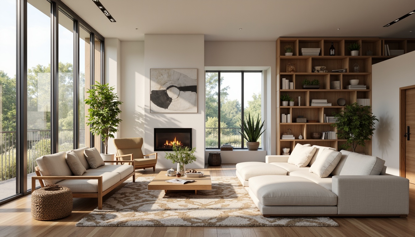 Prompt: Cozy living room, minimalist decor, neutral color palette, sleek wooden furniture, plush area rug, floor-to-ceiling windows, natural light pouring in, comfortable seating arrangement, functional storage solutions, stylish shelving units, task lighting, modern artwork, geometric patterned textiles, soft warm ambiance, shallow depth of field, 1/1 composition, realistic textures, ambient occlusion.