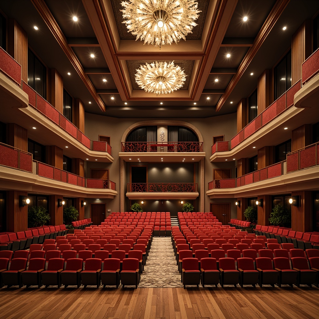 Prompt: Elegant auditorium interior, tiered seating arrangement, curved rows, inclined floor plan, acoustic paneling, sound-absorbing materials, ornate chandeliers, grandiose stage design, dramatic lighting effects, plush red velvet seats, polished wooden floors, sweeping archways, grand entrance foyer, majestic high ceilings, refined architectural details, soft warm ambiance, shallow depth of field, 2/3 composition, symmetrical framing, realistic textures, ambient occlusion.