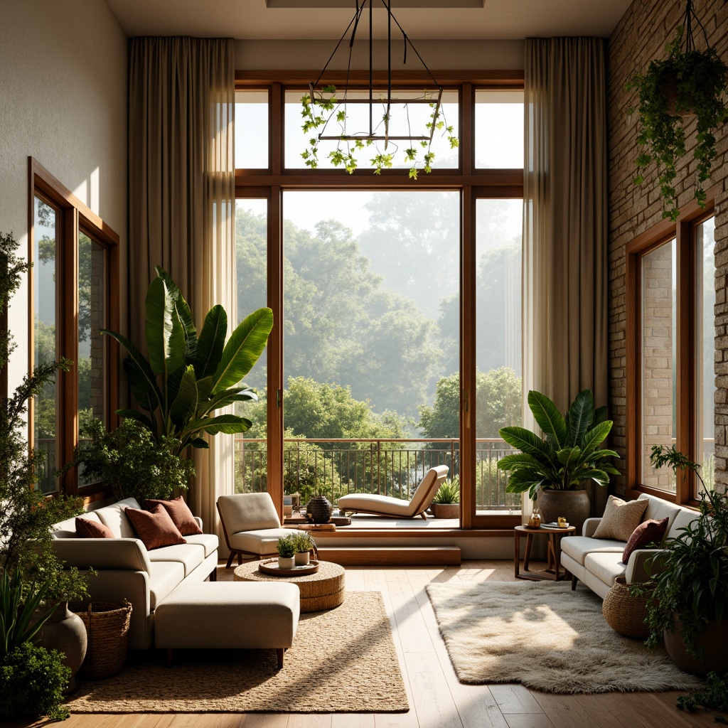 Prompt: Vibrant living room, floor-to-ceiling windows, sliding glass doors, natural stone walls, wooden flooring, plush greenery, hanging plants, soft warm lighting, morning sunbeams, indirect illumination, layered curtains, minimalist decor, earthy color palette, organic textures, comfortable seating areas, cozy reading nooks, ambient atmosphere, 1/1 composition, realistic renderings, subtle shadows.