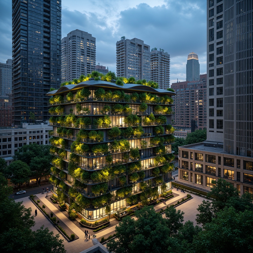 Prompt: Vibrant green walls, undulating rooflines, organic forms, biomimetic structures, intricate networks, pulsing LED lights, iridescent materials, adaptive shading systems, kinetic fa\u00e7ades, parametric design, futuristic skyscrapers, bustling cityscape, dramatic nighttime lighting, shallow depth of field, 1/2 composition, cinematic atmosphere, realistic reflections, ambient occlusion.