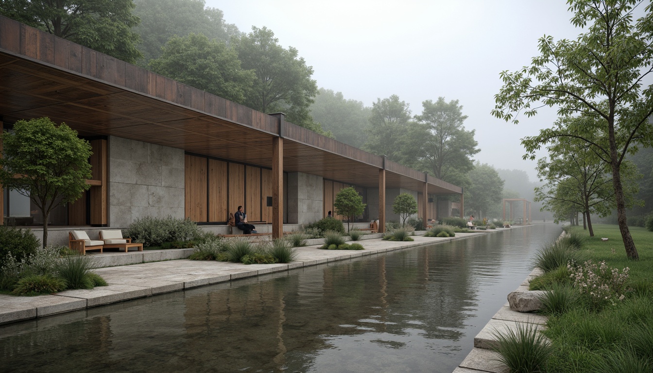 Prompt: Riverbank, minimalist architecture, clean lines, simple shapes, natural materials, reclaimed wood, weathered steel, rough stone, smooth concrete, subtle color palette, earthy tones, greenery integration, lush vegetation, tranquil atmosphere, misty morning, soft diffused light, 1/1 composition, low-angle shot, ambient occlusion, realistic textures.