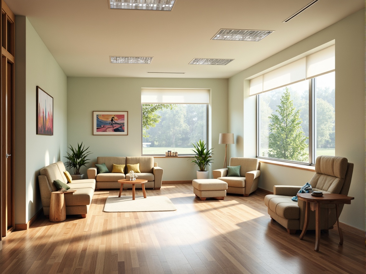 Prompt: Cozy hospital room, soft pastel colors, calming artwork, comfortable seating areas, warm wooden flooring, gentle natural light, large windows, soothing greenery views, modern medical equipment, sleek metal accents, minimalist design, ample storage spaces, ergonomic furniture, acoustic panels, noise reduction systems, peaceful ambiance, warm color temperature lighting, shallow depth of field, 1/2 composition, realistic textures, ambient occlusion.