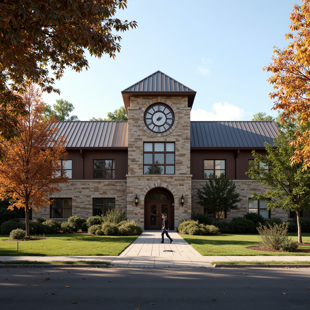 Prompt: Rustic high school building, natural stone fa\u00e7ade, earthy brown brick walls, weathered wood accents, metal roof with standing seams, subtle color variations, traditional American architecture, symmetrical composition, central clock tower, grand entrance with arches, mature trees surrounding, lush greenery, sunny afternoon, soft warm lighting, shallow depth of field, 3/4 composition, realistic textures, ambient occlusion.