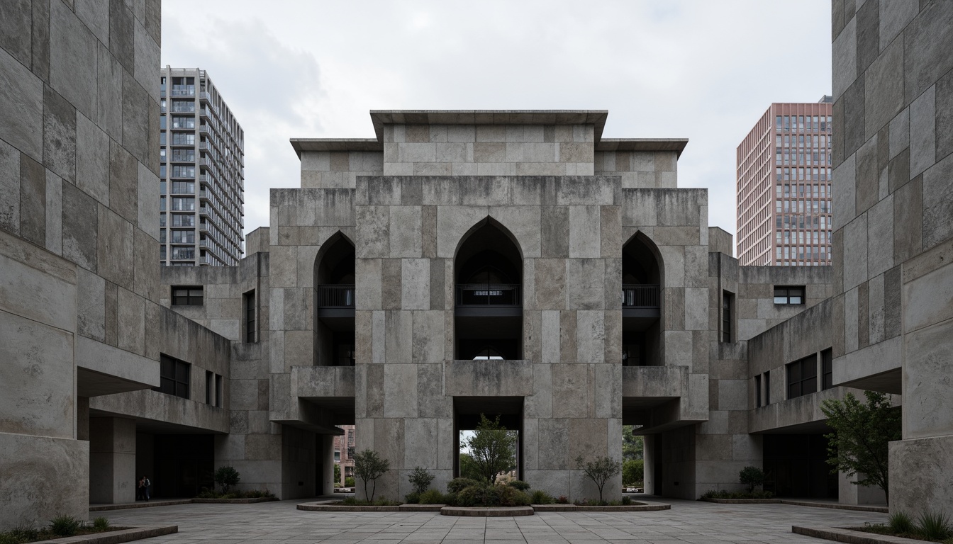 Prompt: Rugged brutalist building, exposed concrete walls, raw unfinished textures, fortress-like architecture, dramatic cantilevered structures, monolithic forms, industrial materials, urban cityscape, overcast sky, high contrast lighting, deep shadows, 1/1 composition, symmetrical framing, abstract geometric patterns, cold tone color palette, monumental scale, public institutional setting.