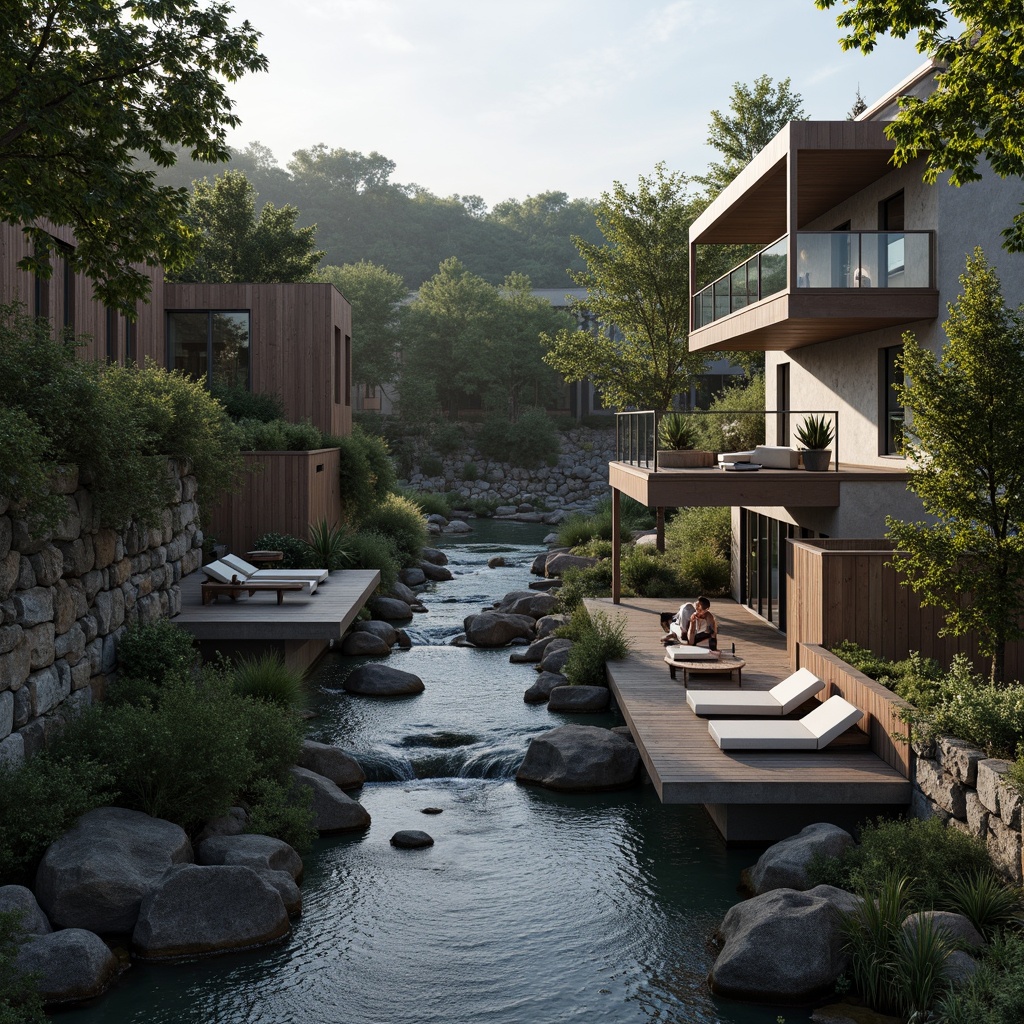 Prompt: Riverbank landscape, serene water flow, lush greenery, natural stone walls, wooden decks, minimalistic architecture, clean lines, monochromatic color scheme, matte finishes, reclaimed wood accents, industrial metal railings, glass balustrades, raw concrete foundations, weathered steel beams, organic textures, ambient lighting, soft warm glow, shallow depth of field, 2/3 composition, symmetrical framing, realistic reflections.