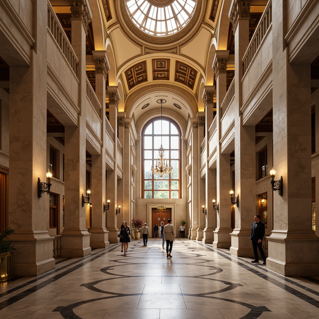 Prompt: Grand banking hall, imposing columns, ornate capitals, intricately carved marble, neoclassical fa\u00e7ade, symmetrical composition, rusticated base, smooth shafts, ornamental moldings, gilded accents, vaulted ceiling, dramatic lighting, warm beige tones, rich wood paneling, polished granite floors, stately atmosphere, classical proportions, imposing scale, grandiose entrance, majestic dome, subtle arches, refined ornaments.