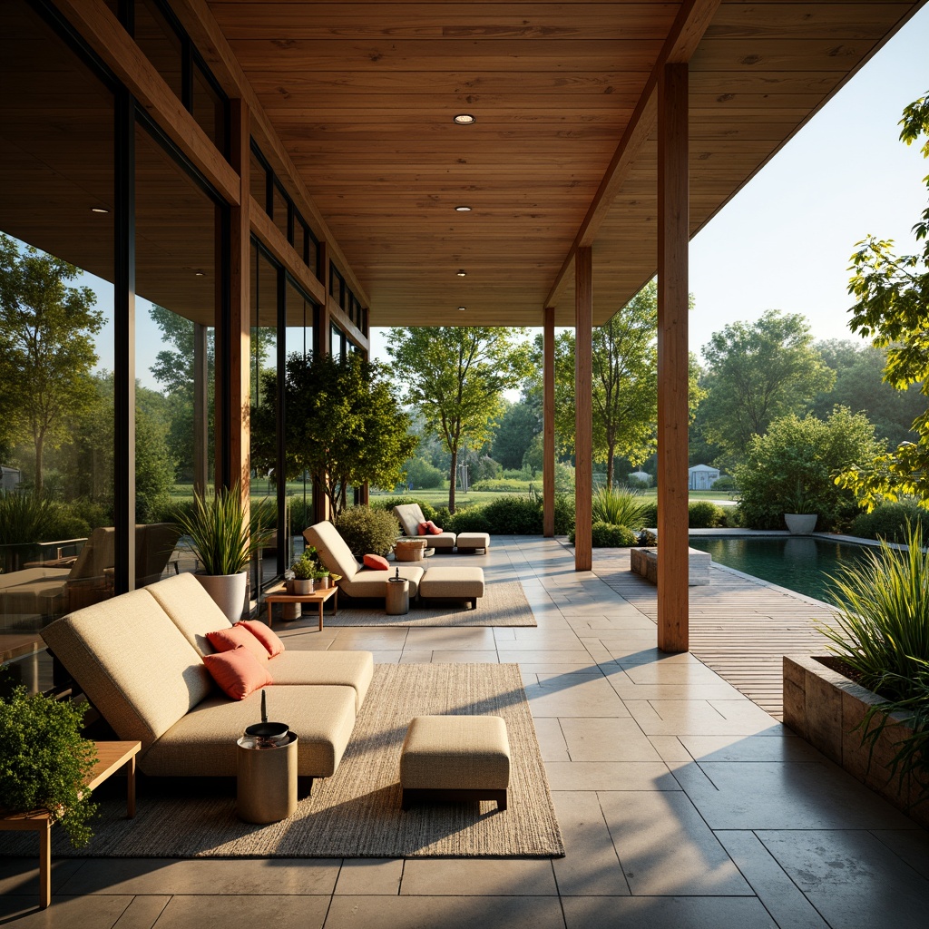 Prompt: Vibrant living room, floor-to-ceiling windows, sliding glass doors, natural stone flooring, lush greenery, indoor plants, outdoor seating area, wooden decking, cantilevered roof, modern minimalist architecture, soft warm lighting, shallow depth of field, 3/4 composition, panoramic view, realistic textures, ambient occlusion, seamless transition, blurred boundaries, harmonious fusion, natural ventilation, abundant daylight, organic forms, earthy tones.