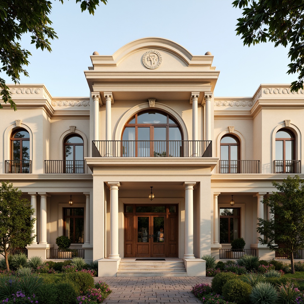 Prompt: Grandiose youth center facade, symmetrical architecture, ornate decorations, Ionic columns, curved arches, rusticated bases, creamy stone walls, soft warm lighting, elegant balconies, delicate ironwork, classical pediments, subtle texture details, 1/1 composition, shallow depth of field, realistic rendering, ambient occlusion, warm afternoon sunlight, lush greenery, vibrant flowers, peaceful surroundings.