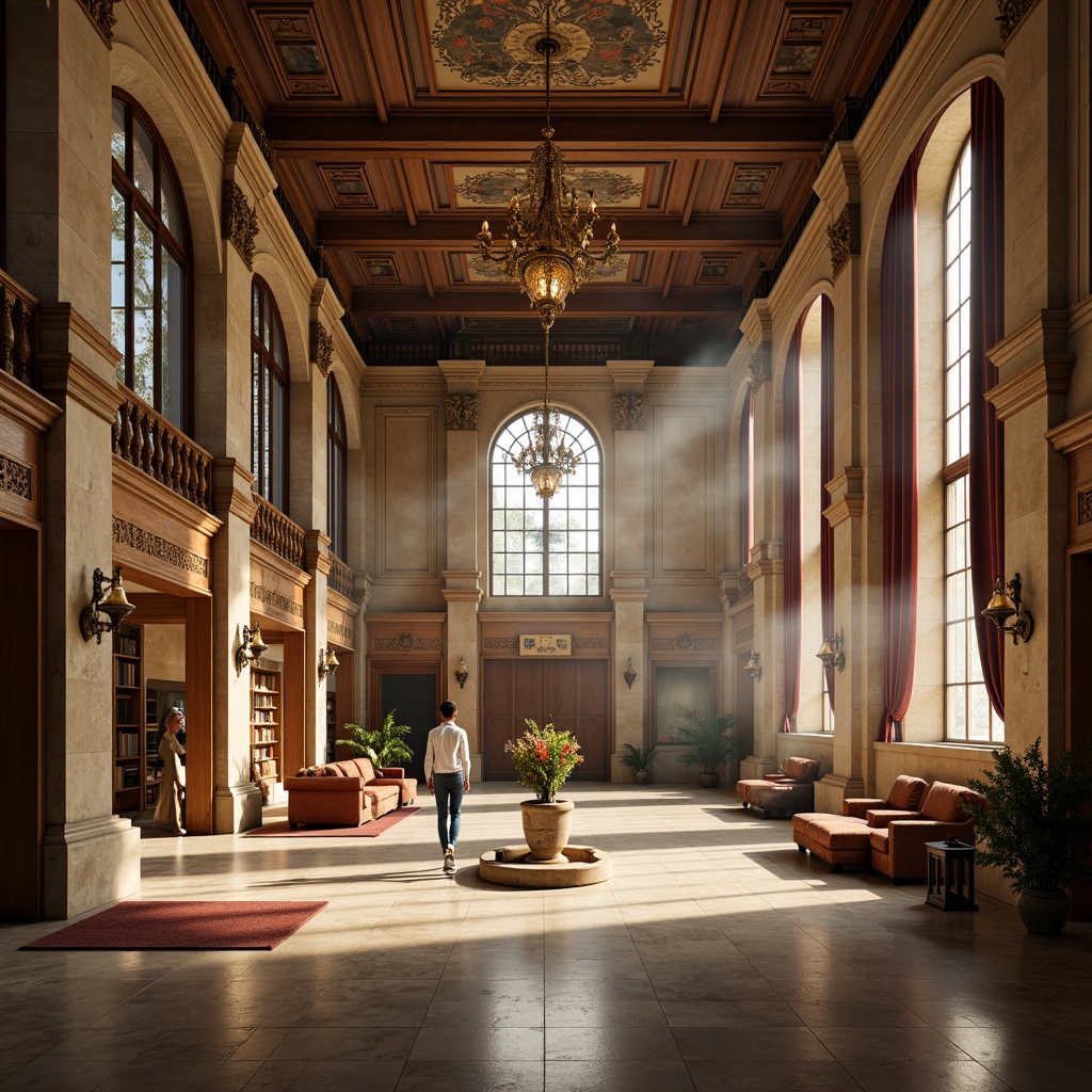 Prompt: Renaissance gymnasium, rich wood tones, ornate stone carvings, grand chandeliers, vaulted ceilings, stained glass windows, warm beige walls, antique furniture, luxurious velvet drapes, golden accents, marble floors, classical sculptures, majestic archways, dramatic lighting, atmospheric fog effects, 3/4 composition, symmetrical framing, realistic textures, ambient occlusion.