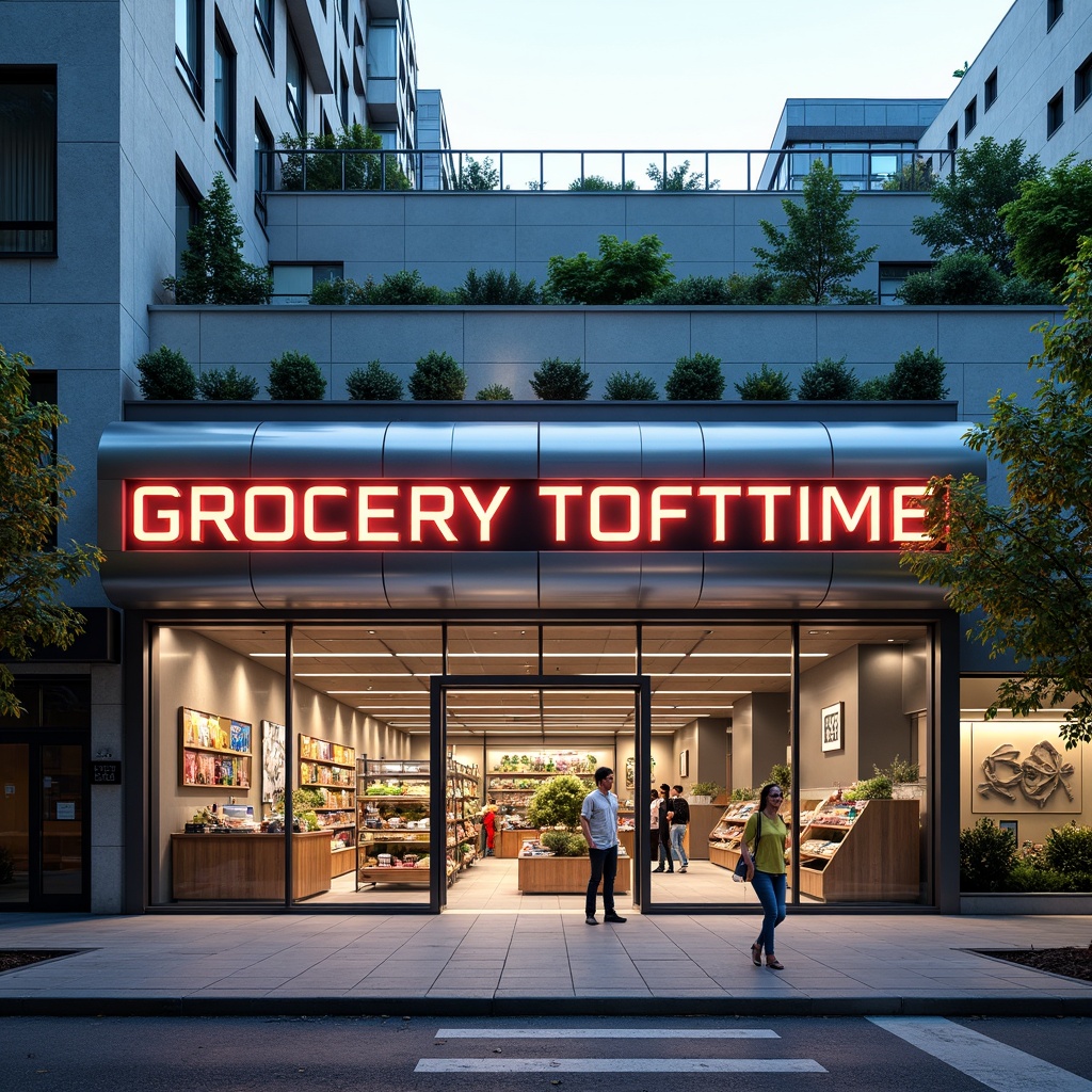 Prompt: Futuristic grocery store facade, neon LED lights, metallic materials, sleek lines, minimalist design, automated sliding doors, transparent glass walls, rooftop solar panels, green roofs, urban cityscape, morning sunlight, shallow depth of field, 1/1 composition, realistic reflections, ambient occlusion, modern typography, digital signage, interactive displays, futuristic product showcases, high-tech shopping experience.