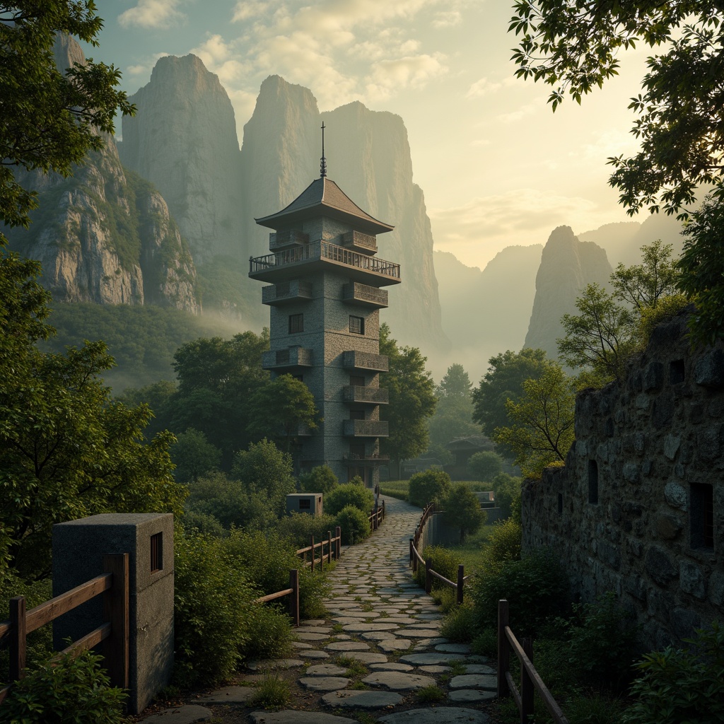 Prompt: Majestic watchtowers, rugged mountainous terrain, lush green forests, winding stone pathways, rustic wooden bridges, serene misty atmosphere, warm golden lighting, dramatic cloud formations, majestic ancient trees, abandoned ruins, mysterious artifacts, weathered stone walls, overgrown vines, mystical fog effects, cinematic composition, high contrast ratio, atmospheric perspective.