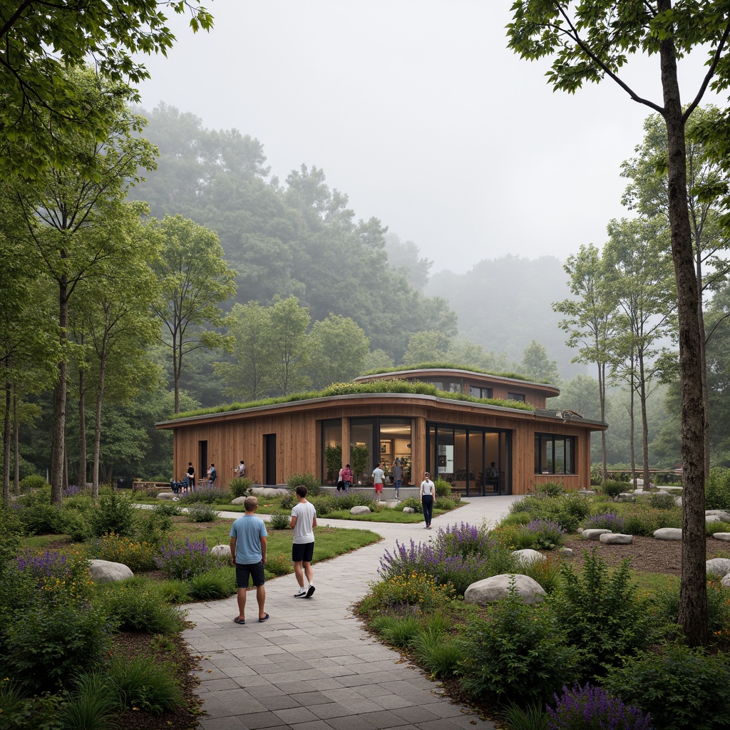 Prompt: Eco-friendly visitor center, natural wood accents, reclaimed barnwood, low-carbon footprint, green roofs, living walls, solar panels, rainwater harvesting systems, recycled glass surfaces, bamboo flooring, energy-efficient lighting, minimal waste generation, organic coffee shop, educational exhibits, interactive displays, panoramic views, serene forest surroundings, misty morning atmosphere, soft natural lighting, shallow depth of field, 1/1 composition.