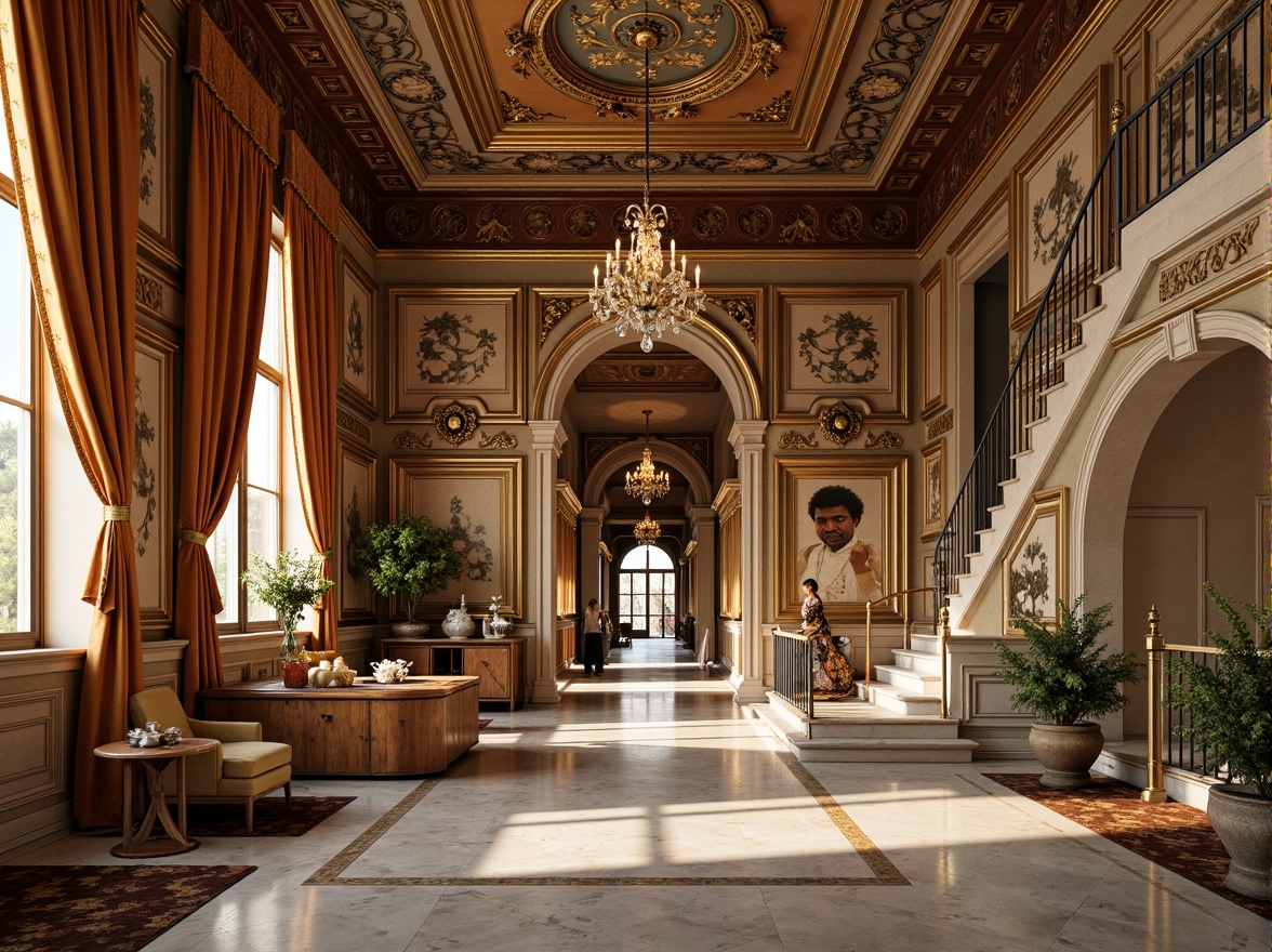 Prompt: Intricate carvings, ornate moldings, luxurious marble floors, grand staircases, ornamental railings, exquisite chandeliers, lavish drapery, intricate patterns, gilded accents, sophisticated color schemes, opulent fabrics, refined textures, majestic archways, symmetrical compositions, warm golden lighting, shallow depth of field, 1/2 composition, realistic reflections.