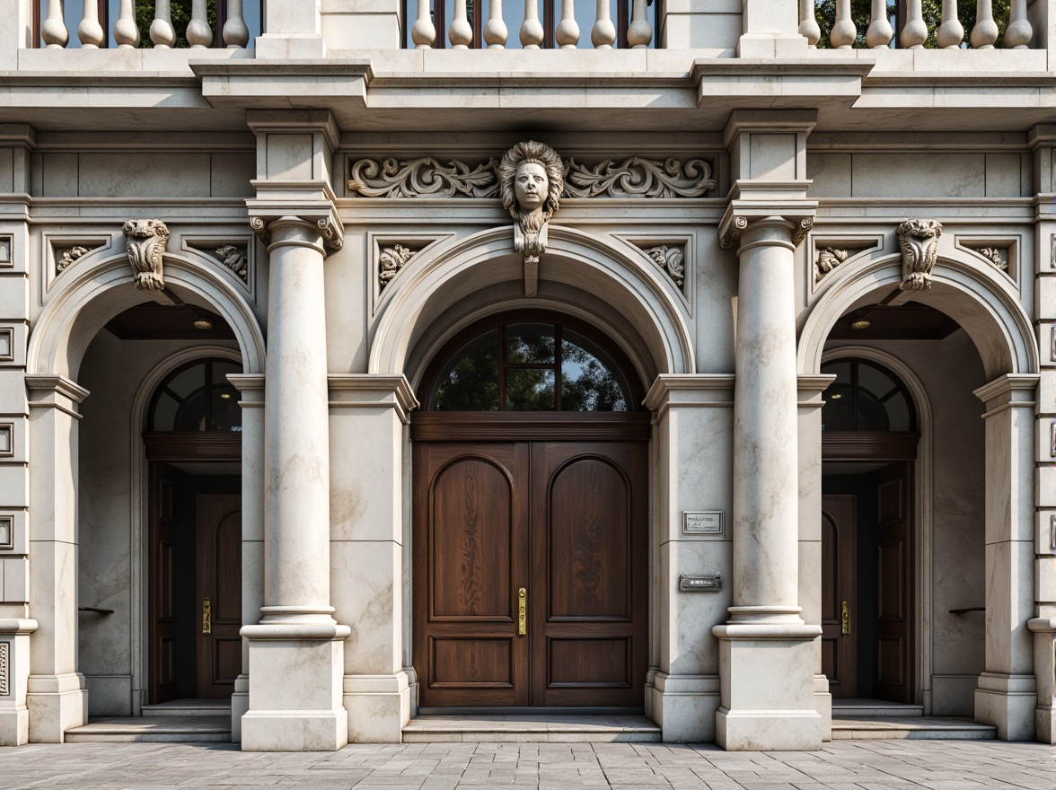 Prompt: Grand neoclassical building facade, ornate Corinthian columns, intricately carved stone details, symmetrical composition, grand entrance with arched doorway, decorative frieze, rusticated base, limestone or marble exterior, subtle color palette, soft natural light, shallow depth of field, 1/2 composition, realistic textures, ambient occlusion, classic proportions, balanced architecture, ornate metalwork, elegant window frames, refined door handles.