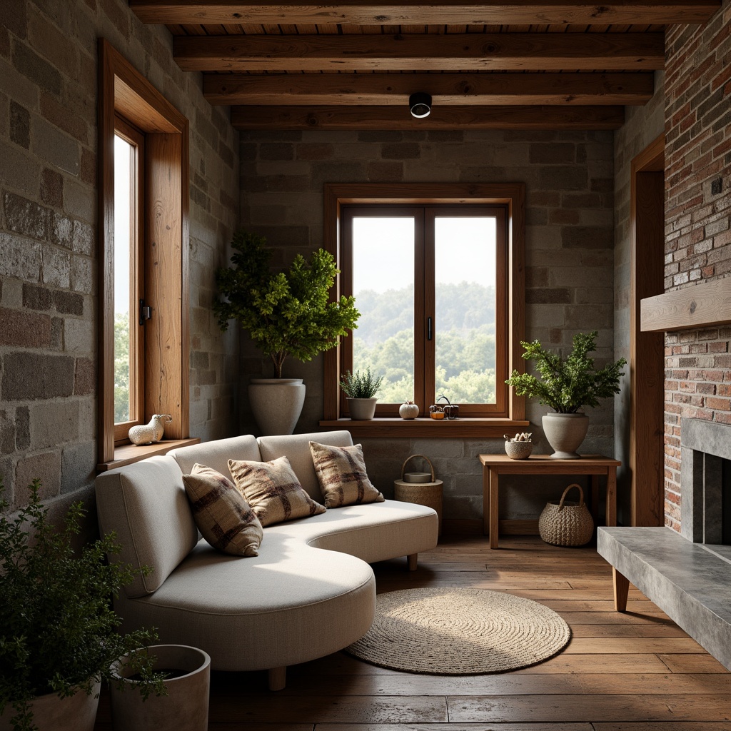 Prompt: Rustic stone walls, weathered wooden accents, rough-hewn brick facades, tactile concrete finishes, organic natural materials, earthy color palette, cozy intimate spaces, dramatic shadow play, ambient warm lighting, 3/4 composition, shallow depth of field, realistic textures, ambient occlusion.