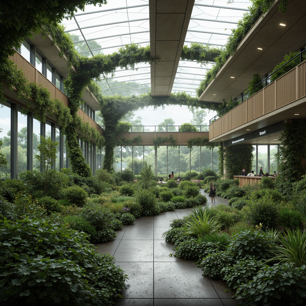 Prompt: Eco-friendly laboratory, lush green walls, organic curves, natural ventilation, solar panels, recycled materials, energy-efficient systems, minimalist decor, wooden accents, living roofs, verdant surroundings, misty atmosphere, soft diffused lighting, shallow depth of field, 3/4 composition, panoramic view, realistic textures, ambient occlusion.