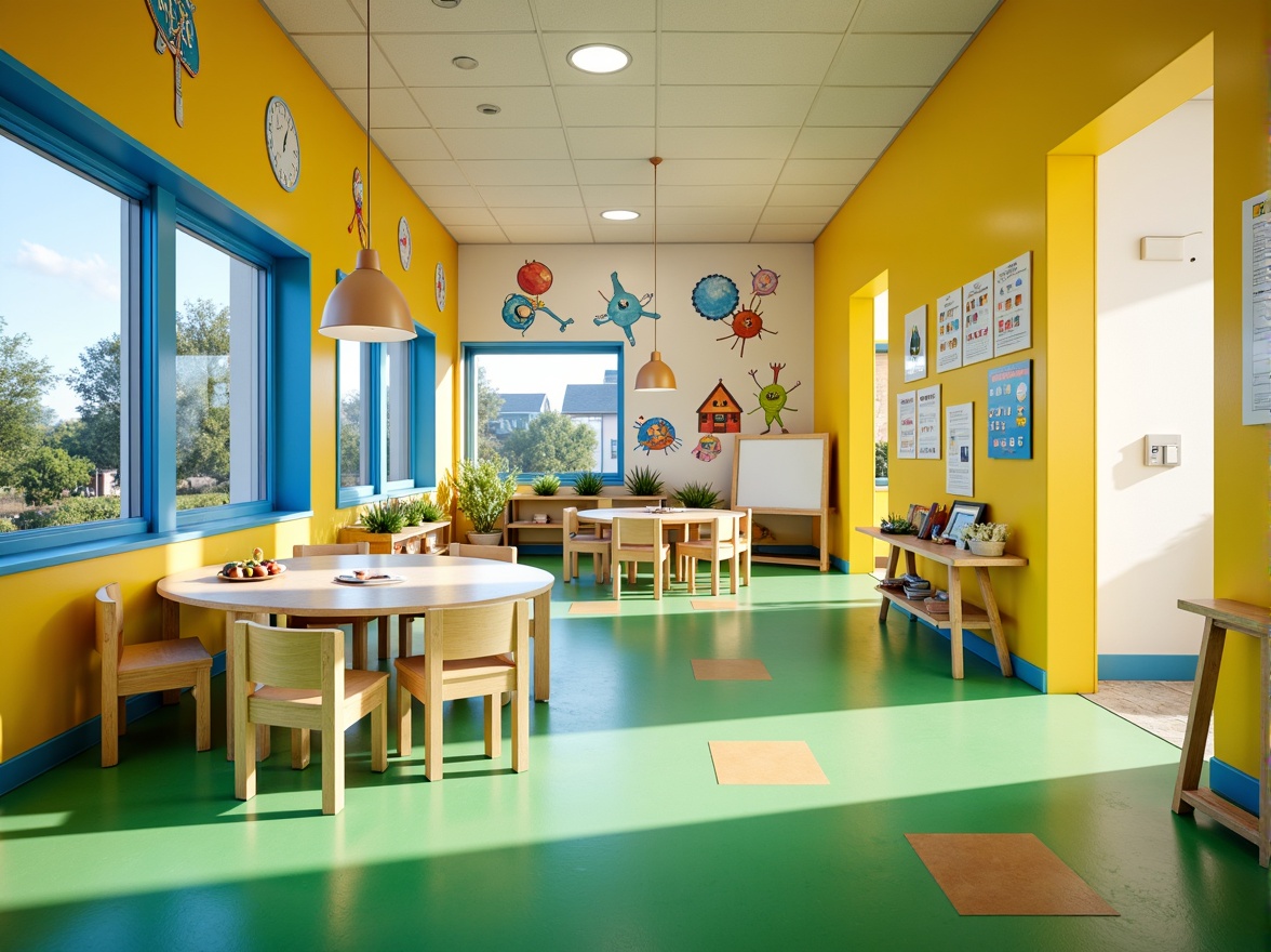 Prompt: Vibrant kindergarten, playful murals, bright yellow walls, bold blue accents, lively green floors, colorful educational charts, interactive whiteboards, modern minimalistic furniture, rounded wooden tables, ergonomic chairs, abundant natural light, large windows, soft warm lighting, 1/1 composition, shallow depth of field, realistic textures.