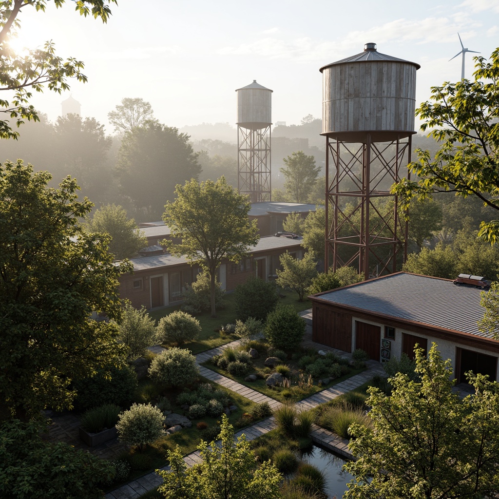 Prompt: Rustic industrial landscape, overgrown vegetation, reclaimed water towers, solar panel rooftops, wind turbines, green roofs, living walls, rainwater harvesting systems, eco-friendly building materials, recycled metal structures, natural ventilation systems, clerestory windows, skylights, abundant natural light, soft warm lighting, shallow depth of field, 3/4 composition, panoramic view, realistic textures, ambient occlusion.