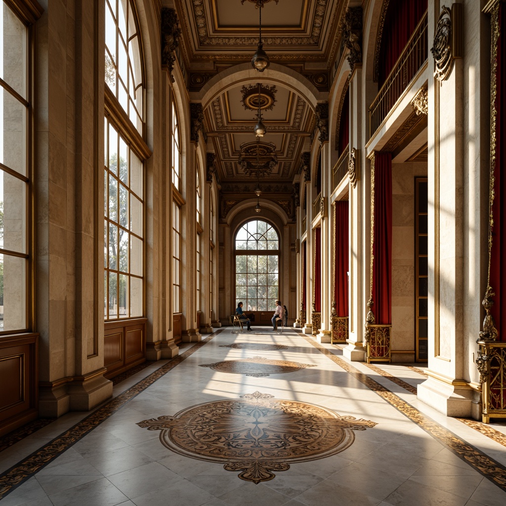 Prompt: Grandiose columns, ornate carvings, polished marble floors, intricate stone inlays, lavish velvet drapes, gilded ornaments, classical arches, symmetrical facades, rusticated bases, weathered bronze details, subtle wear and tear, warm golden lighting, shallow depth of field, 2/3 composition, realistic reflections, ambient occlusion.