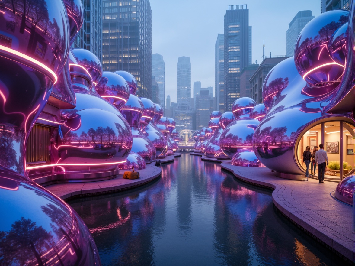 Prompt: Vibrant futuristic blob-shaped buildings, iridescent colors, neon lights, glowing accents, metallic materials, reflective surfaces, holographic effects, ambient occlusion, misty atmosphere, dreamy lighting, shallow depth of field, 3/4 composition, panoramic view, futuristic cityscape, sleek skyscrapers, curved lines, minimalist design, innovative architecture, bold color blocking, gradient transitions, luminescent textures.