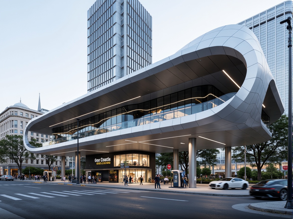 Prompt: Sleek modern gas station, curved lines, aerodynamic shape, metallic silver fa\u00e7ade, LED lighting strips, angular rooflines, cantilevered canopies, minimalist signage, futuristic typography, reflective glass surfaces, industrial materials, urban cityscape, busy street scene, daytime natural light, shallow depth of field, 3/4 composition, panoramic view, realistic textures, ambient occlusion.