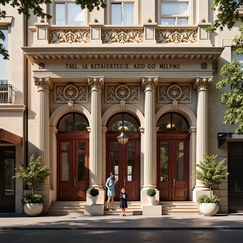 Prompt: Renaissance bank building, ornate stone carvings, grand columns, rusticated bases, symmetrical facades, classical arches, warm beige tones, rich gold accents, deep crimson reds, muted sage greens, creamy whites, soft grays, intricate marble patterns, ornamental metalwork, subtle texture overlays, warm ambient lighting, shallow depth of field, 2/3 composition, realistic material renderings, high-contrast shading.