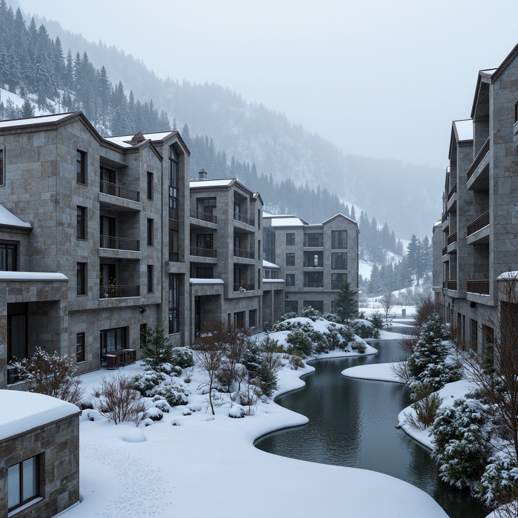 Prompt: Rugged ski resort, brutalist architecture, raw concrete structures, angular lines, fortress-like buildings, industrial materials, steel beams, exposed ductwork, functional design, minimal ornamentation, natural surroundings, snow-capped mountains, frozen lakes, pine forests, misty atmosphere, low-key lighting, dramatic shadows, 2.35 composition, cinematic view, realistic textures, ambient occlusion.Let me know if you need any adjustments!