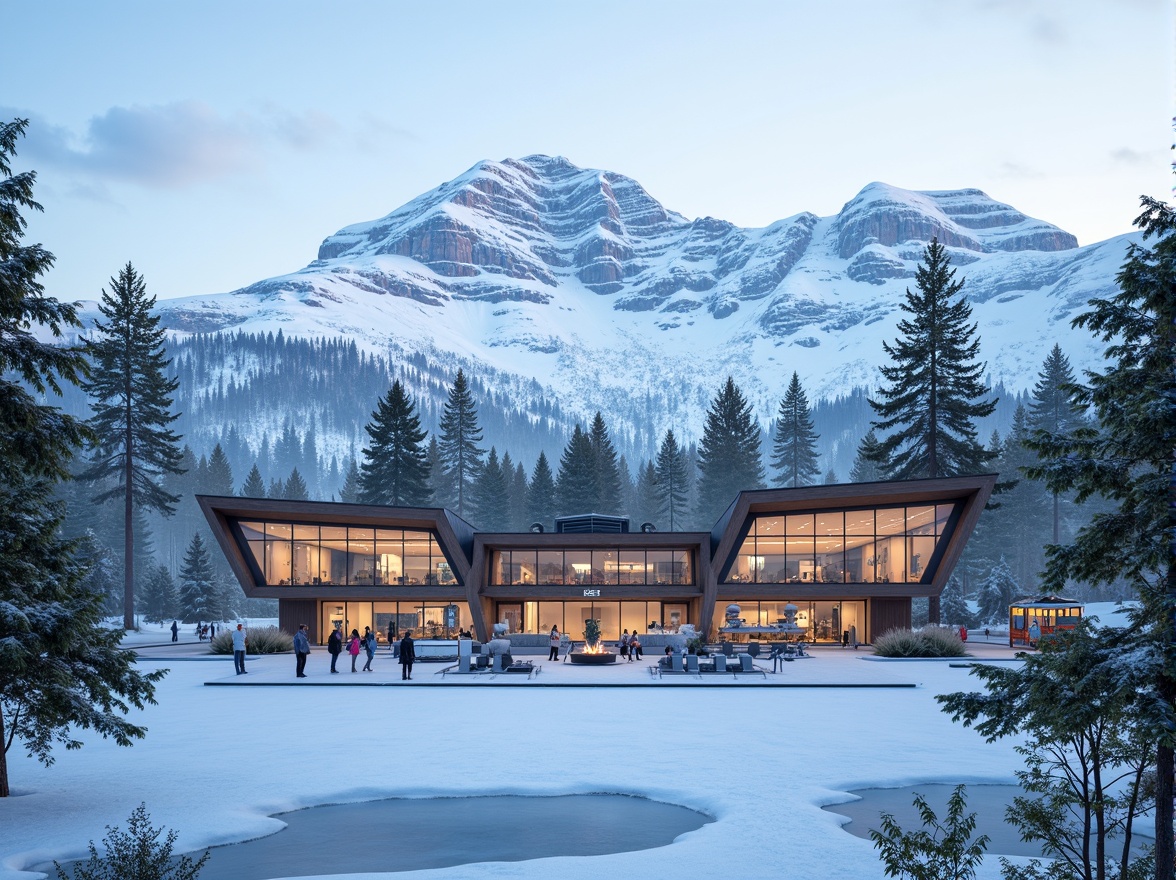 Prompt: Snow-capped mountain peaks, pine tree forest, frozen lake, ski lifts, modernist ski center, angular lines, minimalist design, wooden accents, large windows, sliding glass doors, metallic roof, snowflake patterns, icy blue color scheme, frosty morning light, shallow depth of field, 1/1 composition, symmetrical framing, realistic textures, ambient occlusion.Let me know if you need any adjustments!