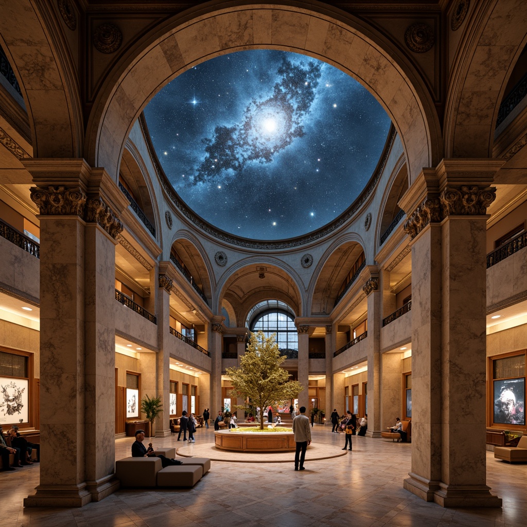 Prompt: Celestial-themed planetarium, Romanesque arches, ornate columns, intricate stone carvings, grand dome ceiling, starry night sky projection, 3D astronomical visualizations, comfortable seating areas, interactive exhibits, ambient soft lighting, warm beige tones, polished marble floors, classic wooden accents, subtle animations, shallow depth of field, cinematic composition, realistic textures, atmospheric sound effects.