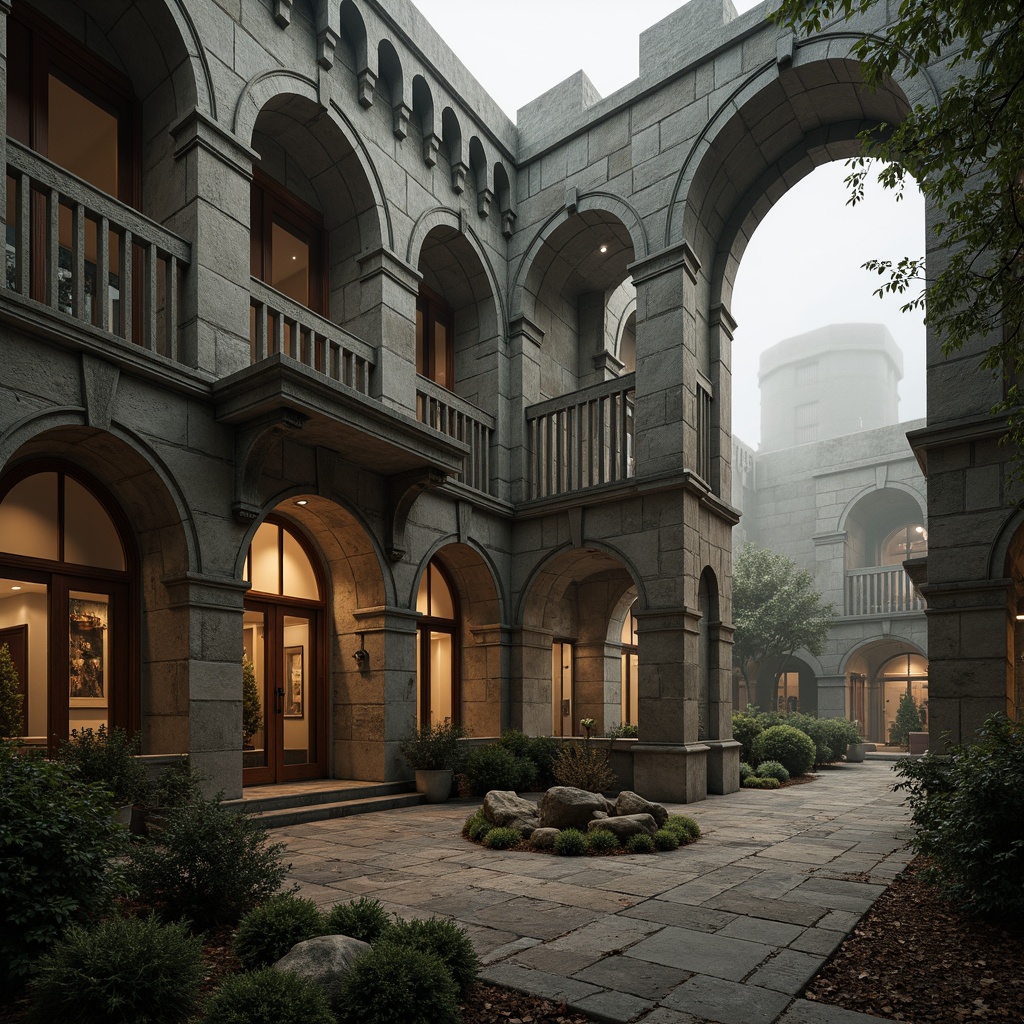 Prompt: Rustic stone walls, arched windows, ornate carvings, grand entranceways, rounded towers, heavy columns, decorative capitals, intricate vaulted ceilings, weathered stonework, rough-hewn boulders, moss-covered stones, atmospheric foggy day, soft warm lighting, shallow depth of field, 1/2 composition, realistic textures, ambient occlusion.