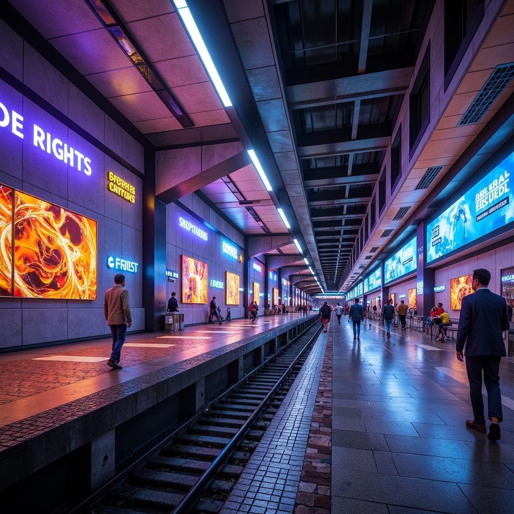 Prompt: Vibrant metro station, urban landscape, concrete architecture, sleek modern lines, neon signage, futuristic ambiance, rush hour atmosphere, bustling crowds, dynamic color palette, bold bright hues, electric blue accents, fiery orange tones, deep purple shades, metallic silver trim, glass tile mosaics, LED light installations, 3/4 composition, shallow depth of field, panoramic view, realistic textures, ambient occlusion.