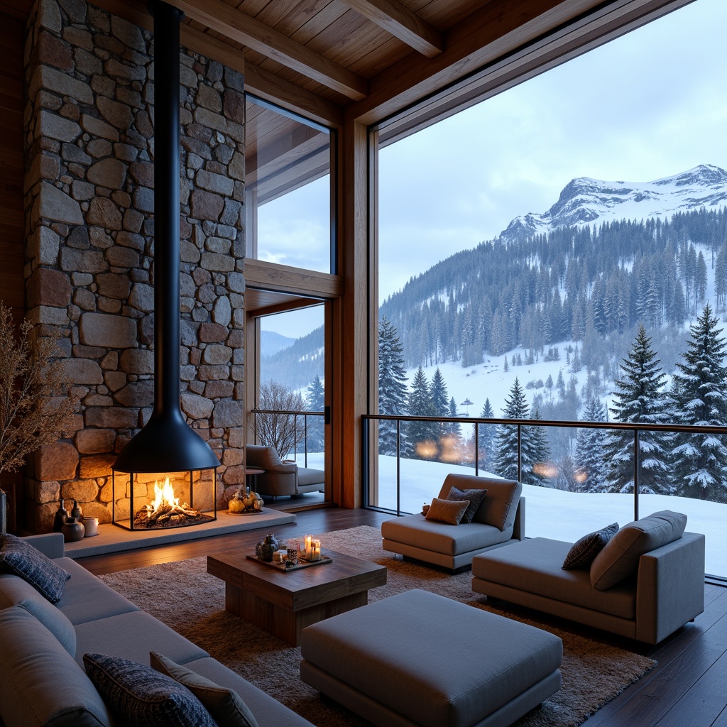 Prompt: Snow-capped mountains, rustic wooden chalets, warm candlelit ambiance, cozy fireplaces, comfortable lounging areas, richly textured stone walls, polished metal accents, earthy tone color palette, natural ventilation systems, energy-efficient designs, panoramic views of ski slopes, floor-to-ceiling windows, wooden beam ceilings, minimalist decor, functional furniture, dynamic lighting systems, atmospheric misting effects, frosty glass railings, icy blue tones, snowy landscape views, 3/4 composition, shallow depth of field.