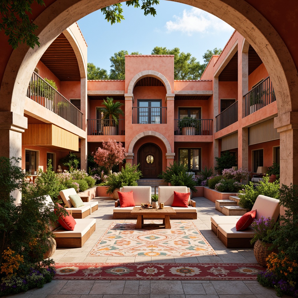 Prompt: Vibrant amphitheater, eclectic style, warm terracotta walls, ornate stone carvings, lush greenery, blooming flowers, natural stone seating, rustic wooden accents, colorful tapestries, Moroccan-inspired tiles, bold geometric patterns, rich velvet fabrics, metallic gold details, sunny day, soft warm lighting, shallow depth of field, 3/4 composition, panoramic view, realistic textures, ambient occlusion.Let me know if this meets your requirements!