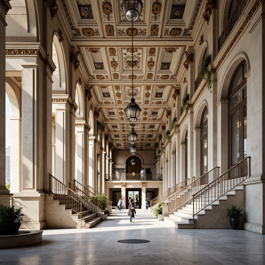 Prompt: Grandiose building facade, ornate columns, intricately carved capitals, classical pediments, symmetrical composition, majestic archways, decorative friezes, ornamental balustrades, grand staircases, elegant chandeliers, refined moldings, polished marble floors, subtle color palette, soft natural lighting, shallow depth of field, 1/2 composition, panoramic view, realistic textures, ambient occlusion.