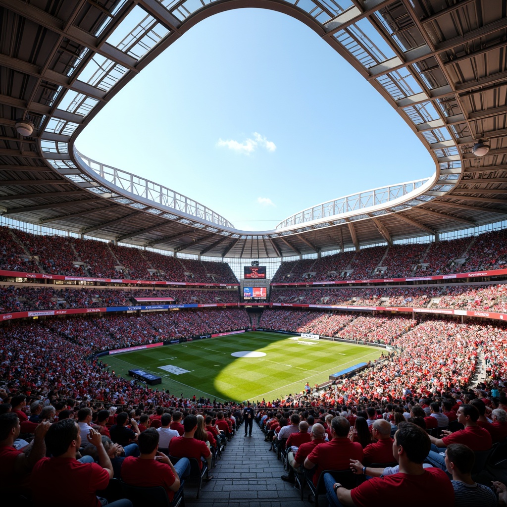 Prompt: Vibrant stadium atmosphere, bold team colors, contrasting seating areas, dynamic LED lighting, energetic crowd, lively sports events, modern architectural design, sleek curved lines, polished metal surfaces, transparent glass roofs, warm sunny days, soft natural light, 1/2 composition, dramatic shadows, realistic textures, ambient occlusion.