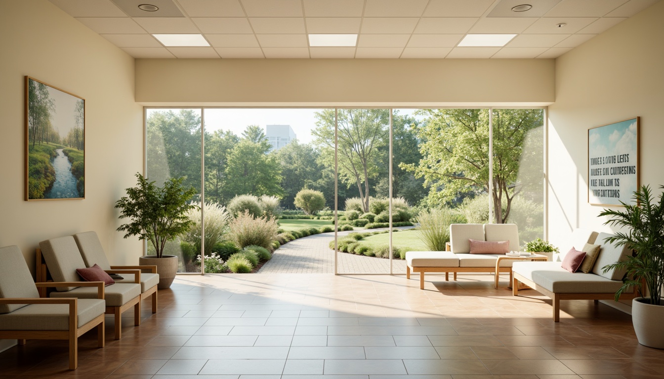 Prompt: Calming rehabilitation center, soothing color scheme, gentle pastel hues, cream-colored walls, warm beige furniture, soft sage accents, natural wood tones, large windows, abundant sunlight, peaceful outdoor spaces, serene gardens, walking paths, calming water features, vibrant greenery, uplifting artwork, inspirational quotes, comfortable seating areas, cozy reading nooks, modern medical equipment, clean lines, minimal decor, subtle textures, shallow depth of field, 1/1 composition, soft warm lighting.