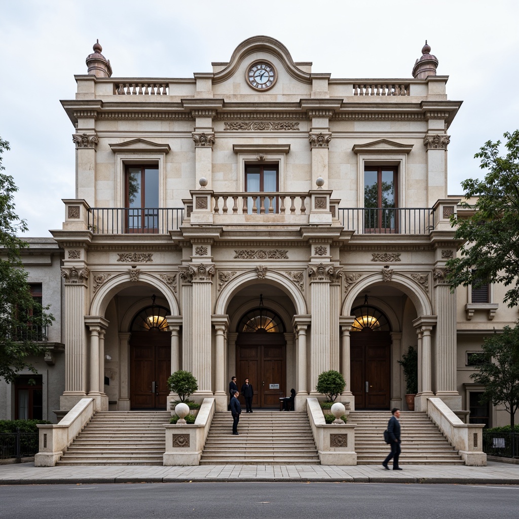 Prompt: Grandiose building facade, ornate columns, carved stone details, symmetrical composition, classical arches, rusticated bases, grand entranceways, sweeping staircases, intricate moldings, ornamental pediments, limestone walls, granite floors, majestic clock towers, copper roof accents, decorative cornices, subtle color palette, natural light illumination, shallow depth of field, 2/3 composition, realistic textures, ambient occlusion.