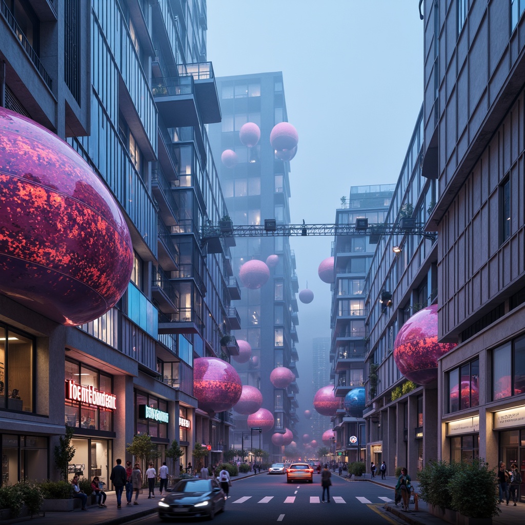 Prompt: Organic blob-shaped buildings, iridescent colors, futuristic architecture, undulating curves, amoeba-like structures, translucent materials, glowing LED lights, neon-lit cityscape, misty atmosphere, shallow depth of field, 1/1 composition, surrealistic ambiance, dreamlike quality, avant-garde design, experimental forms, parametric modeling, algorithmic patterns, flowing lines, futuristic transportation systems, levitating walkways, holographic projections, cyberpunk influences.