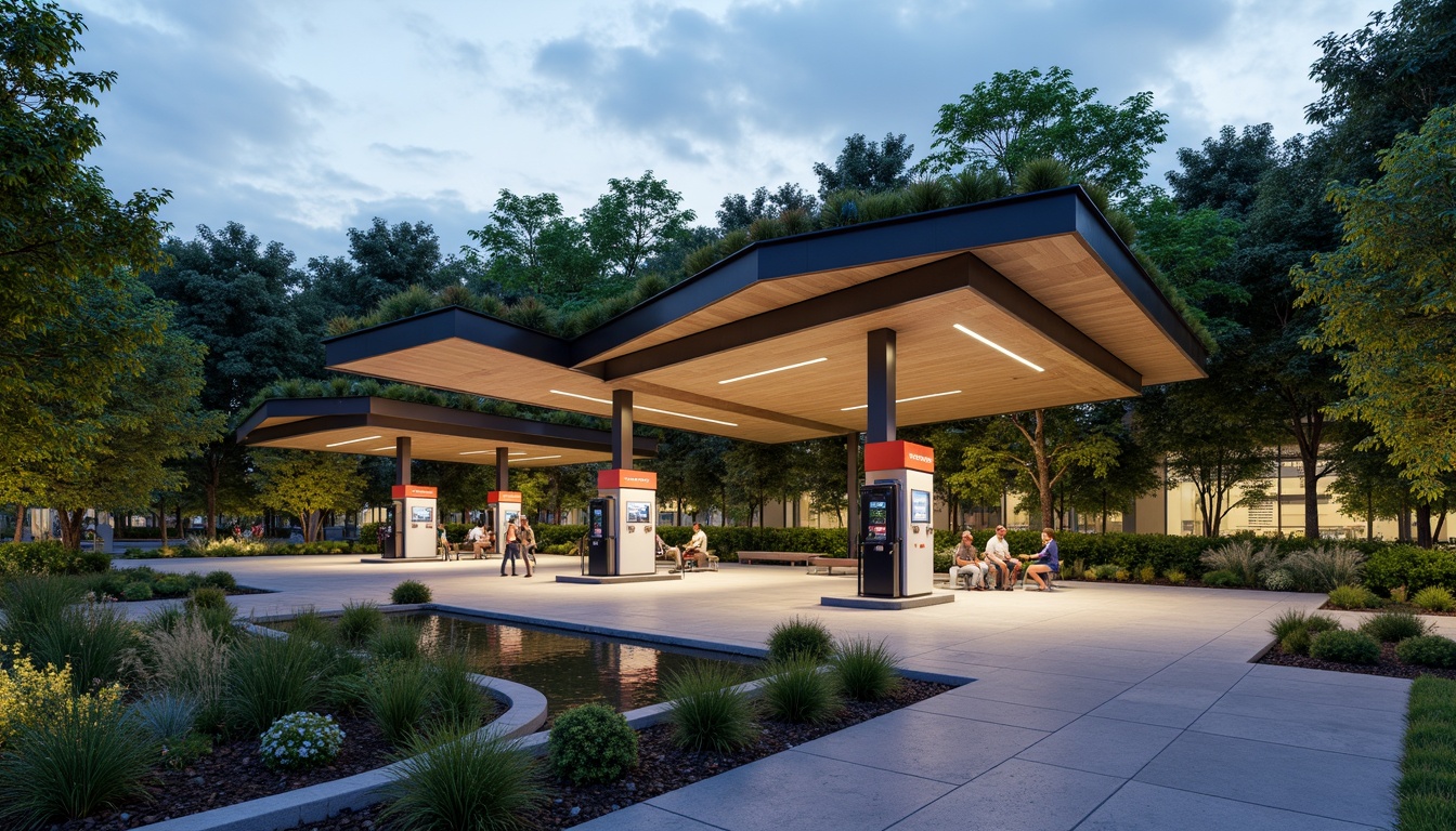 Prompt: Petrol pump stations, modern angular architecture, green roofs, solar panels, rainwater harvesting systems, permeable pavement, urban forestry, native plant species, eco-friendly signage, LED lighting, shallow water features, seating areas, pedestrian walkways, urban agriculture integration, vertical gardens, living walls, natural stone cladding, rusted metal accents, soft evening lighting, 1/2 composition, atmospheric perspective, realistic textures.