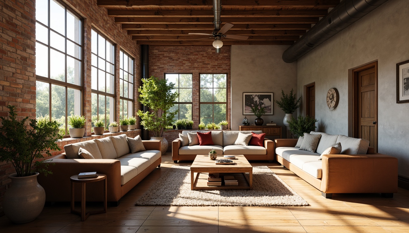 Prompt: Cozy living room, plush sofas, warm lighting, natural wood accents, earthy tone colors, comfortable seating areas, floor-to-ceiling windows, urban loft style, industrial chic decor, reclaimed wooden floors, vintage furniture pieces, soft cushions, woven textiles, minimalist ornaments, calming atmosphere, afternoon sunlight, shallow depth of field, 1/2 composition, realistic renderings, ambient occlusion.