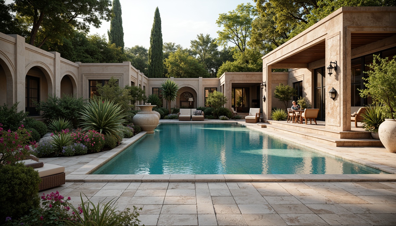 Prompt: Renaissance-inspired pool design, ornate stonework, travertine tile flooring, rustic brick walls, weathered wooden accents, distressed metal railings, natural stone coping, turquoise water, lush greenery surroundings, blooming flowers, ornamental fountains, soft warm lighting, shallow depth of field, 3/4 composition, panoramic view, realistic textures, ambient occlusion.