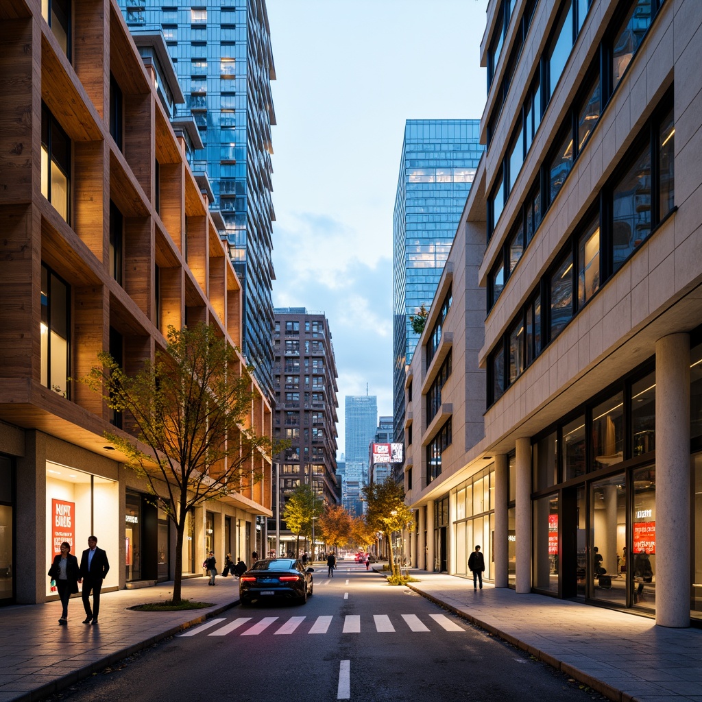 Prompt: Vibrant urban cityscape, bold contemporary buildings, abstract geometric shapes, warm golden lighting, rich brown wooden accents, cool blue glass fa\u00e7ades, neutral beige stone walls, dynamic color contrasts, harmonious monochromatic schemes, 3D visual effects, futuristic neon signs, atmospheric misty mornings, shallow depth of field, 1/2 composition, realistic reflections, ambient occlusion.