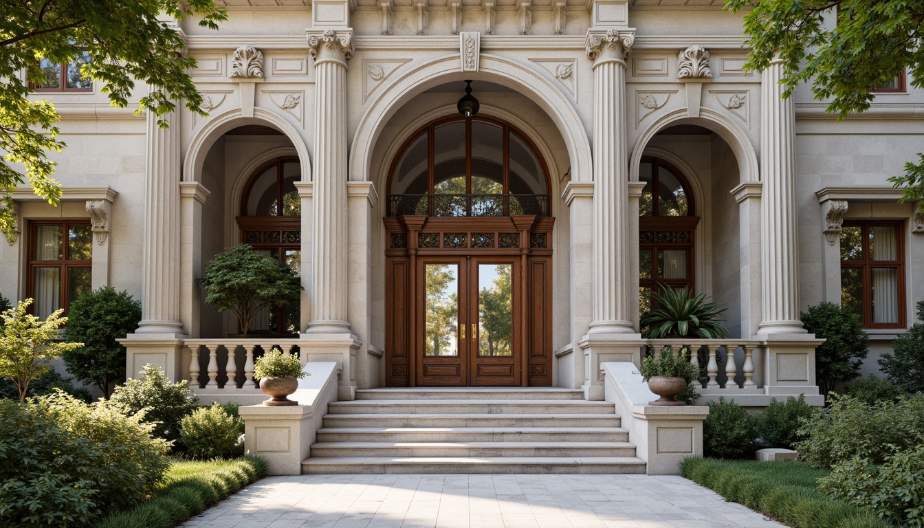 Prompt: Grandiose building facade, ornate columns, intricately carved stone details, symmetrical composition, classical arches, decorative pilasters, rusticated base, grand entrance, sweeping staircases, balconies with intricate metalwork, limestone or marble cladding, subtle color palette, soft natural lighting, shallow depth of field, 2/3 composition, ornate moldings, carved wooden doors, bronze hardware, stately trees, manicured lawns, sunny day, warm ambient lighting.