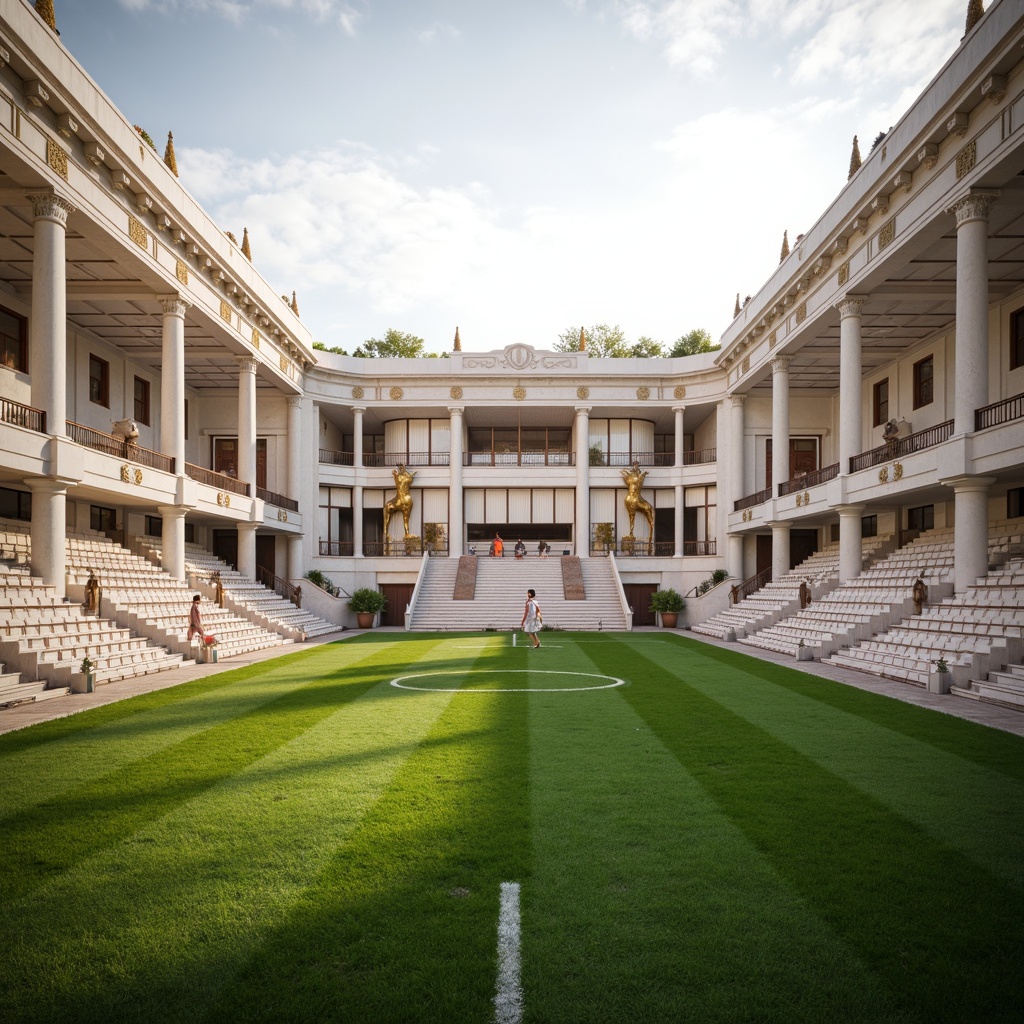 Prompt: Timeless soccer stadium, classical architectural style, white marble columns, ornate detailing, grand entrance gates, lush green grass, natural stone seating areas, bronze statues, elegant curved lines, symmetrical fa\u00e7ade, historic-inspired design, warm golden lighting, shallow depth of field, 1/1 composition, panoramic view, realistic textures, ambient occlusion.