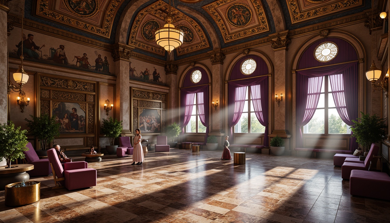 Prompt: Majestic fitness hall, ornate mosaics, golden accents, marble floors, intricately carved wooden panels, regal purple tones, opulent chandeliers, grand archways, lavish velvet drapes, ancient stone columns, mystical frescoes, warm soft lighting, 1/1 composition, dramatic shadows, realistic textures, ambient occlusion.