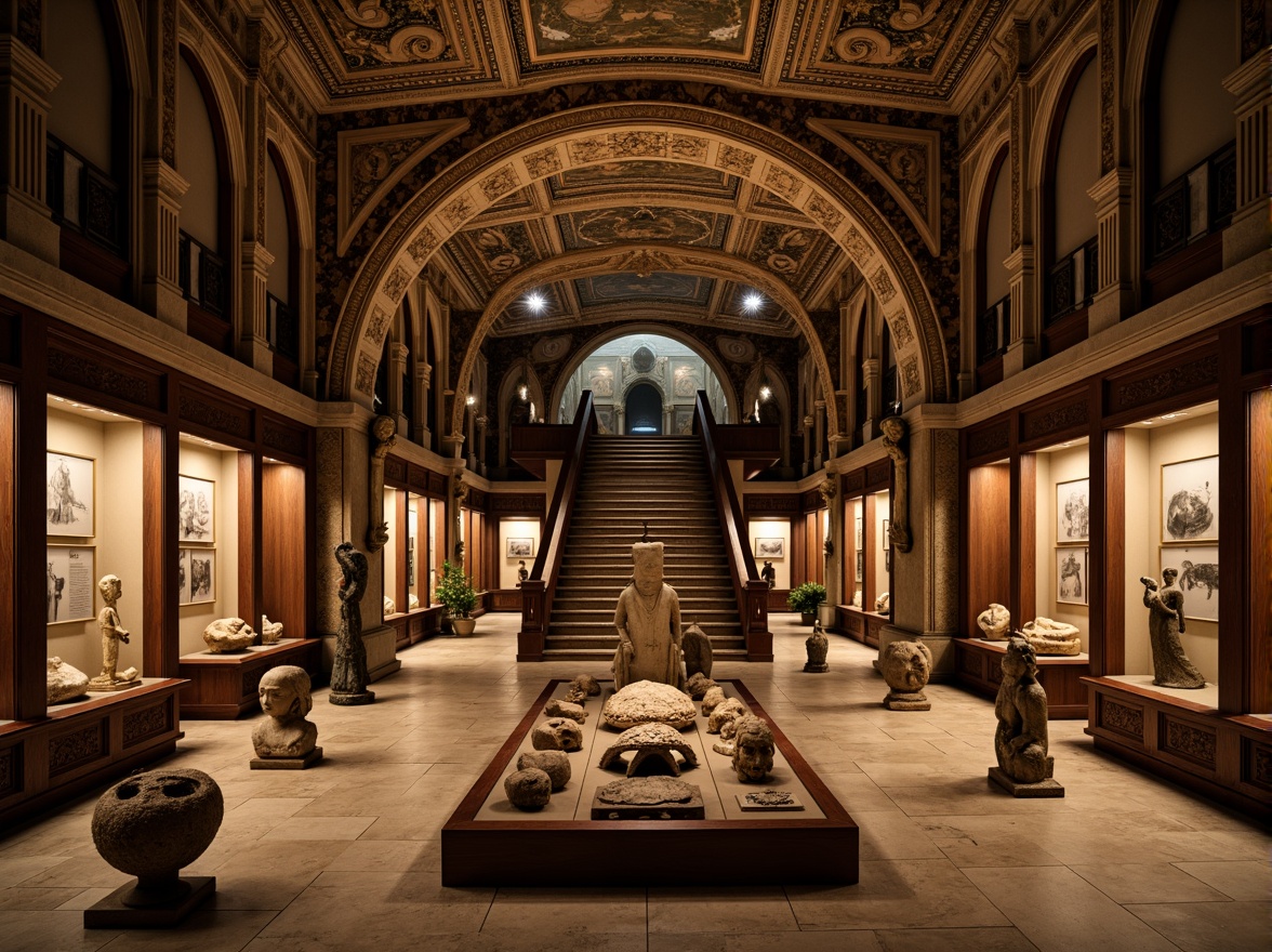 Prompt: Ancient artifacts, fossil exhibits, stone sculptures, dimly lit corridors, vaulted ceilings, ornate moldings, polished marble floors, intricate mosaics, wooden display cases, glass vitrines, warm golden lighting, soft shadows, 1/1 composition, realistic textures, ambient occlusion, grand staircase, sweeping arches, Renaissance-inspired architecture, neoclassical details, subtle color palette, elegant typography.