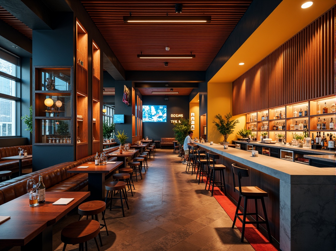 Prompt: Vibrant bar interior, fusion architecture, rich wood tones, metallic accents, bold color blocks, neon lights, glass shelves, sleek countertops, minimalist decor, urban chic ambiance, warm atmospheric lighting, 1/1 composition, shallow depth of field, realistic textures, ambient occlusion.